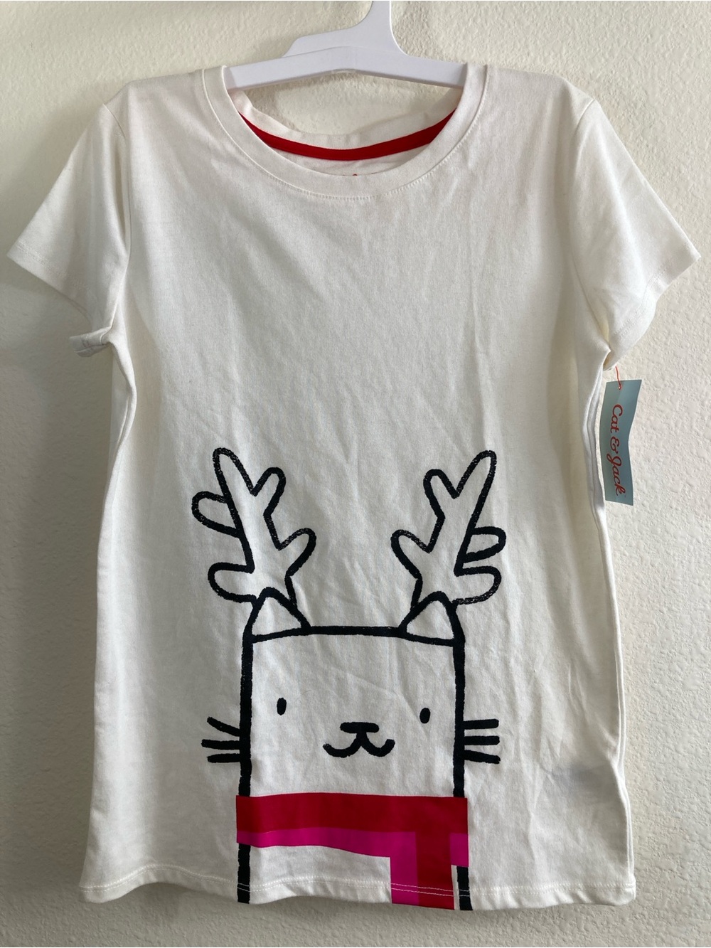 Cat & Jack Kids White Cat Red Scarf Graphic T-Shirt Size L (10/12) NWT